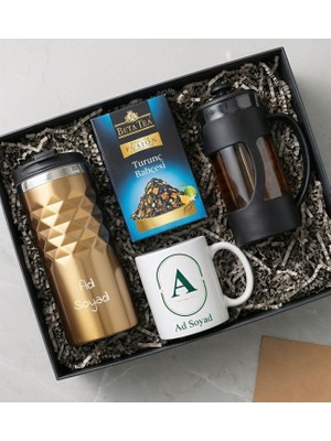 Kişiye Özel Gold Geometrik Termos & Baskılı Kupa & French Press & Aromalı Çay Hediye Seti