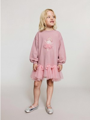 Magu Kız Çocuk Pamuklu Pembe Balerin Baskılı Tüllü Elbise – Fiyonk Detaylı