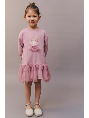 Magu Kız Çocuk Pamuklu Lila Balerin Baskılı Tüllü Elbise – Fiyonk Detaylı