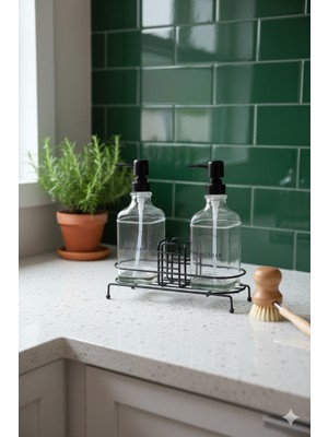 Elamour Metal Standlı Ikili Cam Sabunluk Seti – 500 ml Sıvı Sabunluk ve Süngerlik