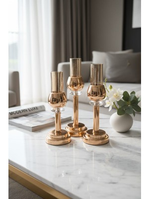 Furkan Metal Kristal Taşlı Gold 3'lü Cam Mumluk Şamdanlık Seti