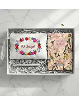 Kişiye Özel Isimli Makyaj Çantası & Kuş Motifli Defter & Gümüş Renk Roller Kalem Hediye Seti