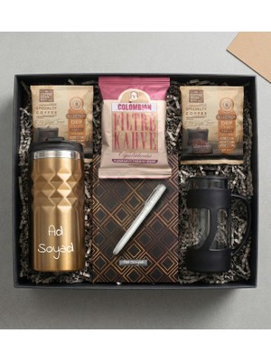 Kişiye Özel Gold Geometrik Termos & French Press & Defter & Kalem & Filtre Kahve & 2'li Pratik Filtre Kahve