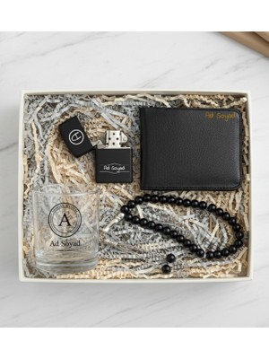 Kişiye Özel Viski Bardağı & Benzinli Çakmak & Cüzdan & Tesbih Erkeğe Hediye Seti