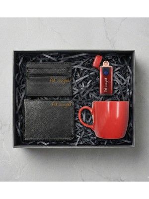 Kişiye Özel Kırmızı USB Çakmak & Erkek Cüzdan & Kartlık & Kırmızı Kupa Erkeğe Hediye Seti