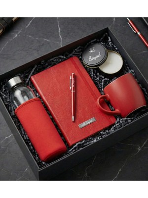 Kişiye Özel Premium Ofis Hediye Seti ( Kılıflı Cam Matara & Defter & Touchpen Kalem & Kupa & Metal Kutulu Mum)