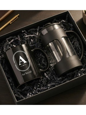 Kişiye Özel Baskılı Siyah Porselen Kupa Bardak & French Press Hediye Seti