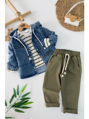 Miniğimin Cicileri Çizgili Detaylı Kot Ceketli Erkek Çocuk 3 Lü Takım - Yeşil
