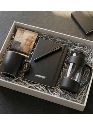 Kişiye Özel Siyah Defter & Roller Kalem & French Press & Kupa & Pratik Filtre Kahve Hediye Seti