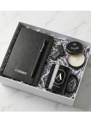 Kişiye Özel Siyah Kupa Bardak & 32 GB USB Bellek & Defter & Kalem & Metal Kutulu Mum Hediye Seti