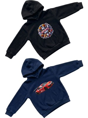 Machi Erkek Çocuk Siyah Sport Temalı Laicvert Spor Araba Baskılı Kapüşonlu Sweatshirt Hoodie