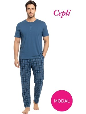 Erkek Modal 3 Düğmeli Ekose Desen Pamuk Likra Kısa Kol Cepli Pijama Takımı