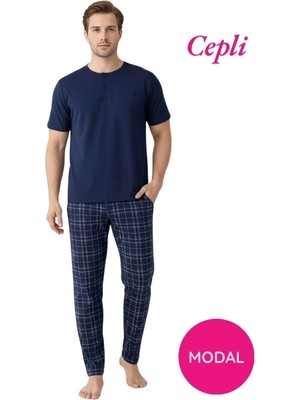 Guava Erkek Mavi Modal 3 Düğmeli Ekose Desen Pamuk Likra Kısa Kol Cepli Pijama Takımı