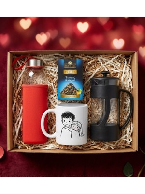 Kırmızı Matara & Çiftlere Özel Sevgili Tasarımı Baskılı Kupa & Aromalı Çay & French Press Hediye Seti