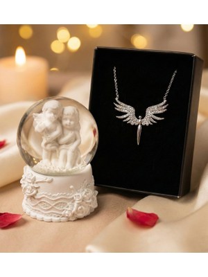 Beyaz Mini Melek Kar Küresi & Mikail Melek Kolye Hediye Seti - Sevgililer Gününe Özel Sevgiliye Hediye, Kız Arkadaşa Hediye