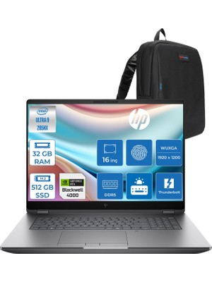 Hp Zbook Fury G1I Intel Ultra 9 285HX Ddr5 32GB 512GB SSD 16GB/RTXPRO4000 Blackwell Wuxga (1920 x 1200) IPS 400NIT Wi-Fi7+Bt 5.4 Freedos Aı Iş Istasyonu 5F9Q9ESF09 + Zettaçanta