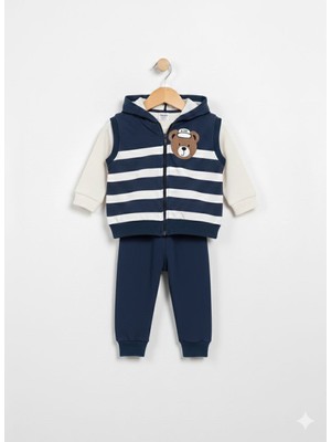 Efemkids 6/24 Ay 3'lü Erkek Bebek Takım %100 Pamuklu Ayı Baskılı Yenidoğan Bebek Takımı