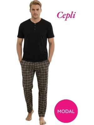 Guava Erkek Siyah Modal 3 Düğmeli Ekose Desen Pamuk Likra Kısa Kol Cepli Pijama Takımı