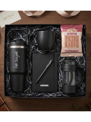 Kişiye Özel 900ML. Siyah Büyük Termos & French Press & Kupa & Defter & Kalem & Filtre Kahve Hediye Seti