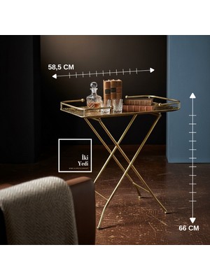 İki Yedi Konsept Hermachus Katlanabilir Bronz Eskitme Metal Servis Sehpası Dekoratif Tepsi Masa Salon Ofis Yan Sehpa