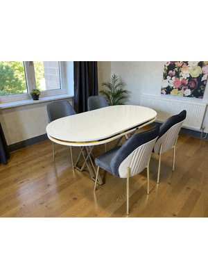 Msy Home Milano Gold Serisi Oval Beyaz Lake Masa Yönsüz Kumaş Modern ve Şık Yemek Takımı
