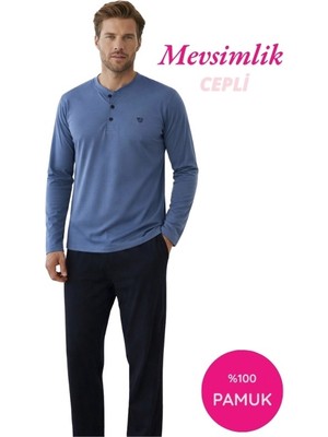 Bie's Erkek 3 Düğmeli %100 Pamuk Mevsimlik Geniş Kalıp Uzun Kol Cepli Pijama Takımı