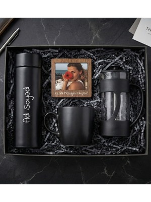 Kişiye Özel 450ML Dereceli Termos & Ahşap Çerçeve & French Press & Siyah Kupa Hediye Seti