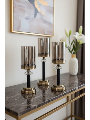 Furkan Metal Kristal Taşlı Büyük Camlı Bronz 3'lü Mumluk Şamdanlık