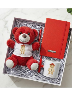 Kişiye Özel Tişörtlü Kırmızı Peluş Ayıcık & T Kulplu Kupa & Kırmızı Defter & Kalem Hediye Seti