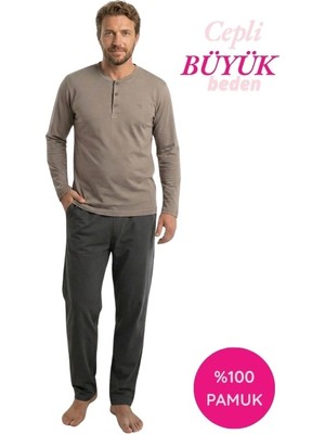 Bie's Erkek Büyük Beden 3 Düğmeli %100 Pamuk Mevsimlik Uzun Kol Cepli Pijama Takımı
