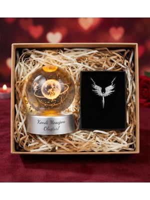 Kişiye Özel Mesaj Baskılı Satürn Kız Işıklı Cam Kristal Küre & Kolye Hediye Seti - Sevgiliye Sevgililer Günü Hediyesi