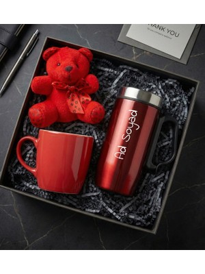 Kişiye Özel Kırmızı Bardak Termos & Kırmızı Kupa & Kırmızı Mini Peluş Ayıcık Anahtarlık Hediye Seti