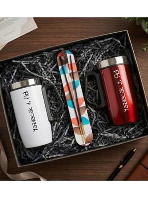 Çiftlere Özel Termoslu Hediye Seti ( Isme Özel Beyaz ve Kırmızı Bardak Termos & Tütsü