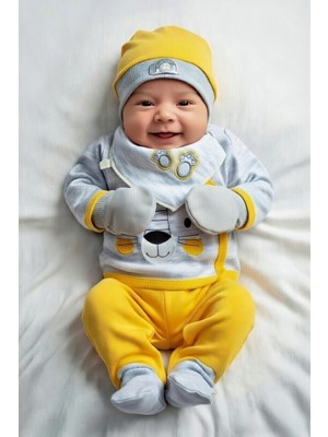 Concon Hediye Kutulu Yenidoğan 5'li Hastane Çıkış Seti %100 Pamuk Unisex Doğum Hediyesi için Hazır Aslan Figürlü