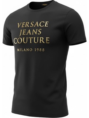 Versace Erkek Bisiklet Yaka Kabartmalı Varak Baskılı T-Shirt