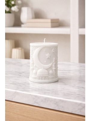 Nox Atelier Ay & Cami Figürlü Dekoratif Silindir Soya Mum – Beyaz - Ramazan - Kandil - Dini Özel Gün - Müslüman Hediyelik