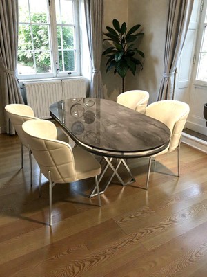 Msy Home  Serya Ironi Oval Masa Krom Ayak Yönsüz Kumaş Modern ve Şık Yemek Odası Takımı