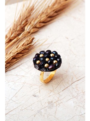 Sümer Telkari Siyah Inci Taşlı Altın Yaldızlı 925 Ayar Gümüş Ayarlanabilir Yüzük 6008