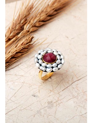 Sümer Telkari Yakut Taşlı Incili Altın Yaldızlı 925 Ayar Gümüş Ayarlanabilir Yüzük 6009