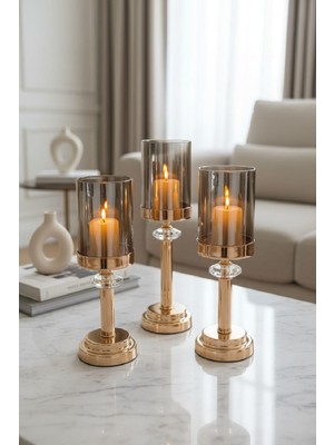 Furkan Metal Kristal Taşlı Büyük Camlı Gold Mumluk Şamdanlık