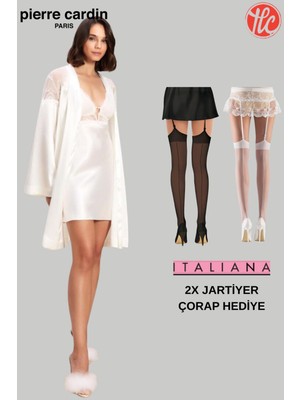 Pierre Cardin Kadın 6'lı Saten Gecelik Sabahlık Pijama Takım Şort Takım Gelin Çeyiz Set 2x Jartiyer Çorap Hediyeli