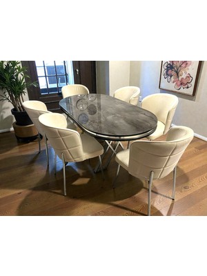 Msy Home  Serya Ironi Oval Masa Krom Ayak Yönsüz Kumaş Modern ve Şık Yemek Odası Takımı