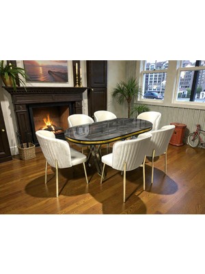 Msy Home Berya Ironi Oval Masa Gold Ayak Yönsüz Kumaş Modern ve Şık Yemek Odası Takımı