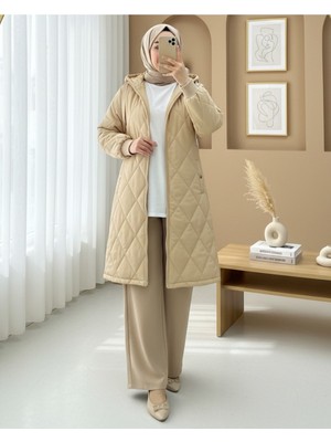 Modamorfo Kapşonlu Cepli Fermuarlı Astarlı Kapitone Mont-Bej