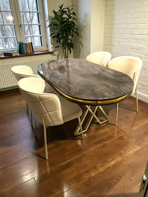 Msy Home Serya Ironi Oval Masa Gold Ayak Yönsüz Kumaş Modern ve Şık Yemek Odası Takımı