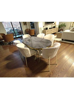 Msy Home Serya Ironi Oval Masa Gold Ayak Yönsüz Kumaş Modern ve Şık Yemek Odası Takımı