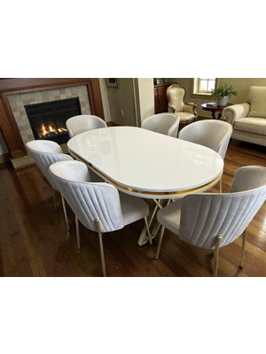 Msy Home Berya Beyaz Oval Masa Gold Ayak Yönsüz Kumaş Modern ve Şık Yemek Odası Takımı