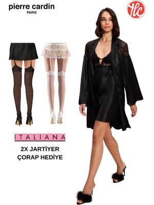 Pierre Cardin Büyük Beden Kadın 6'lı Saten Gecelik Sabahlık Pijama Takım Şort Takım Gelin Çeyiz Set 2x Jartiyer Çorap Hediyeli