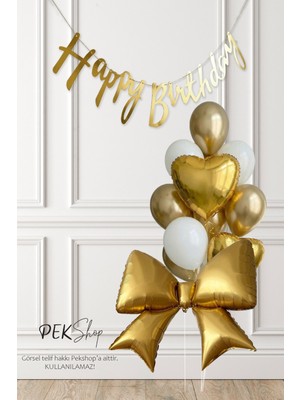 Pekshop Gold Happy Birthday Banner ve Gold Fiyonk Balon Beyaz Gold Fiyonk Tema Doğum Günü Süsleme Seti SET240