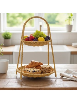 Dumles® Plastik Rattan Iki Katlı Sunumluk-Dekoratif Organizer, Mutfak Meyve,sebze Sepeti, Banyo Düzenleyici Raf,masaüstü Çok Amaçlı Sunum Standı